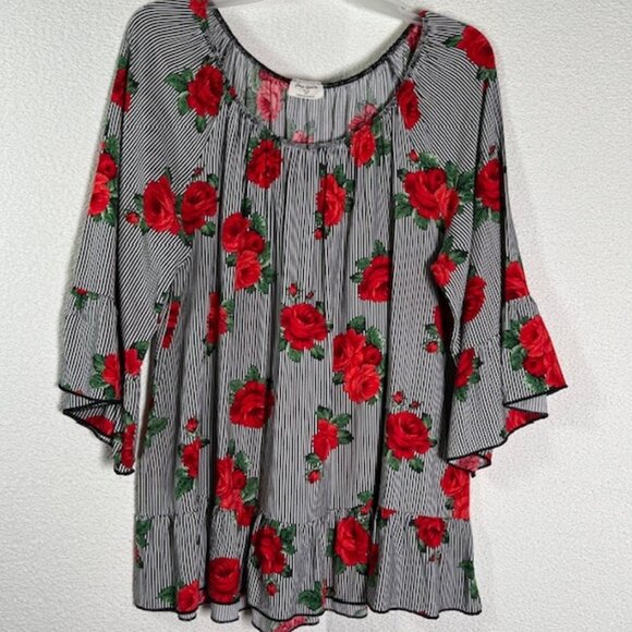 Free Kisses Tops - FREE KISSES Casual Blouse Women Scoop Neck Stripes & Roses Tunic Plus Size 3X